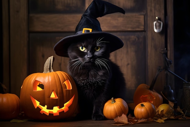Foto gato negro con sombrero de bruja sentado cerca de jack o linterna calabaza telón de fondo de halloween ia generativa