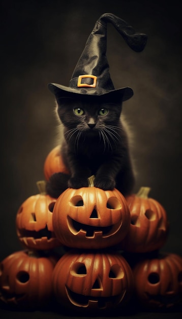 Un gato negro con un sombrero de bruja se sienta en una calabaza.