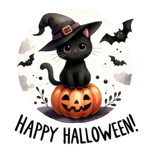 Un gato negro con sombrero de bruja se sienta sobre una calabaza tallada con murciélagos y un saludo de Feliz Halloween