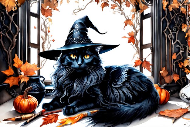 gato negro en un sombrero de bruja en la ventana con bodegón de halloween de otoño