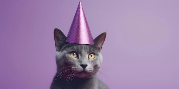 Foto un gato negro con un sombrero morado.