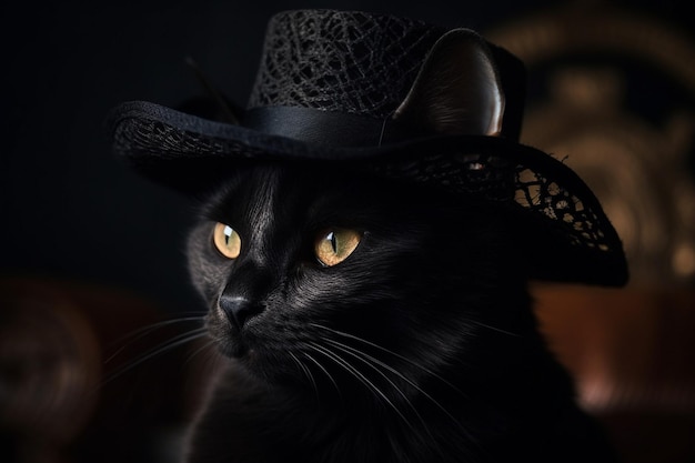 Un gato negro con un sombrero negro con una pluma.