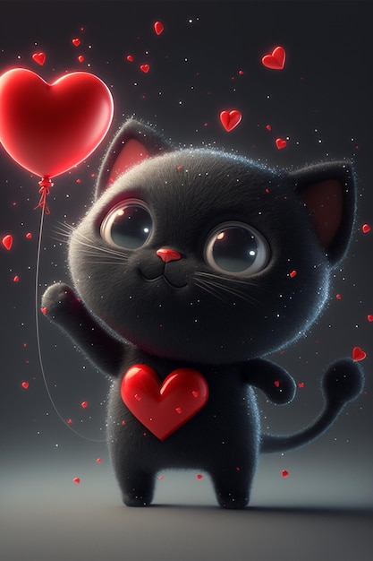 Gato negro sosteniendo un ai generativo de globo en forma de corazón