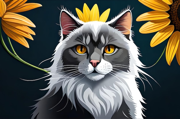 gato negro sosteniendo un girasol fondo blanco fondo vectorial HD impreso