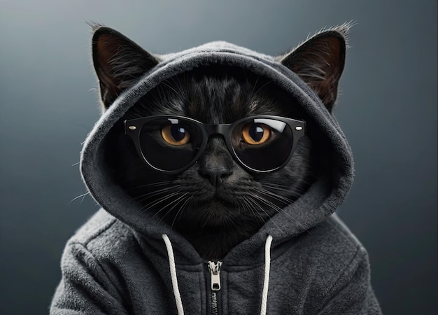 Foto gato negro con una sudadera con capucha