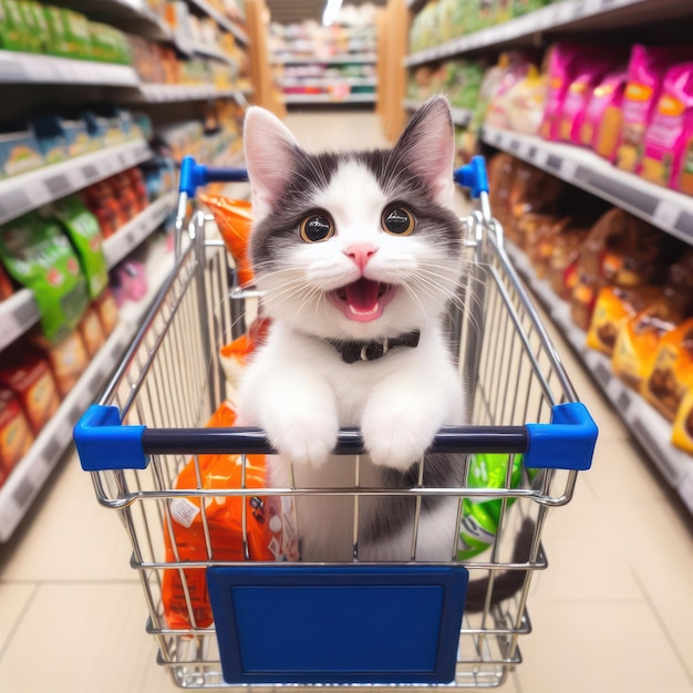 Foto gato no carrinho de compras no supermercado