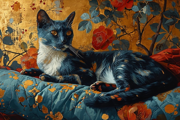 gato no estilo de arte de cores ousadas e padrões acolchados desenhos caprichosos burgundy e terra azul