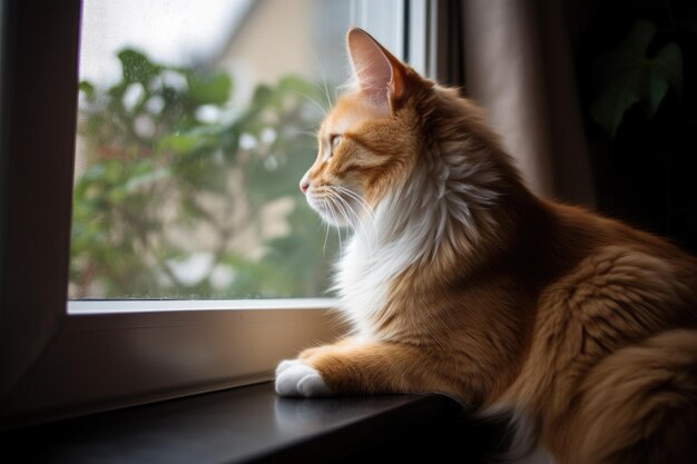 Gato no parapeito da janela olhando para o mundo criado com IA generativa