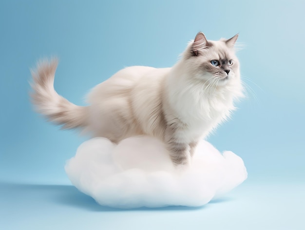 Un gato en una nube con un fondo azul.