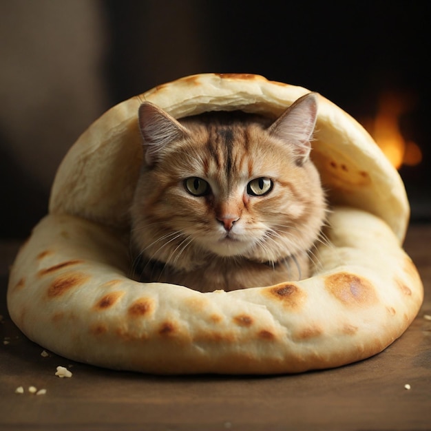 Gato num pão de pita.