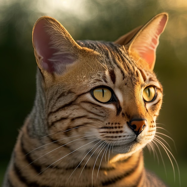 Gato ocicat realista sobre un deslumbrante fondo natural al aire libre