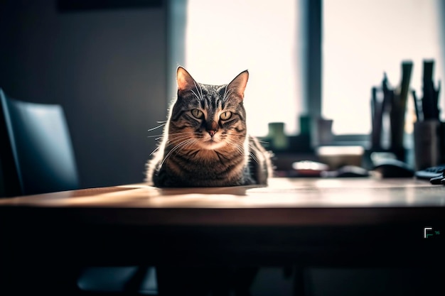 El gato de la oficina se sienta en la mesa IA generativa