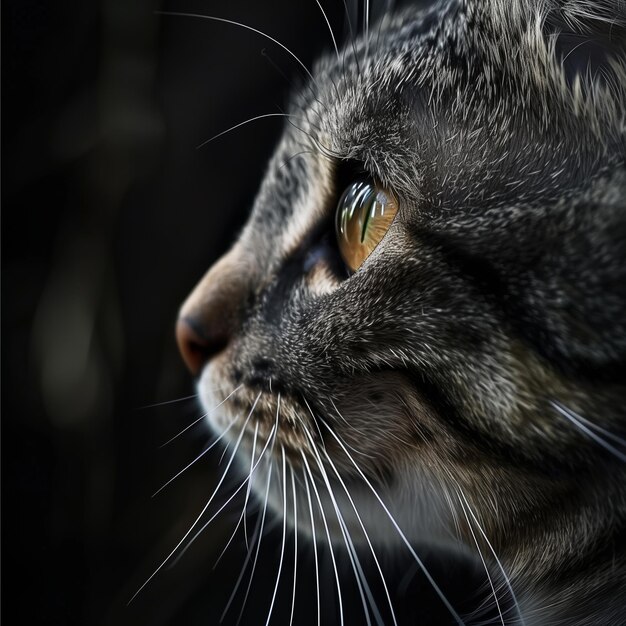 un gato con un ojo amarillo y un fondo blanco y negro