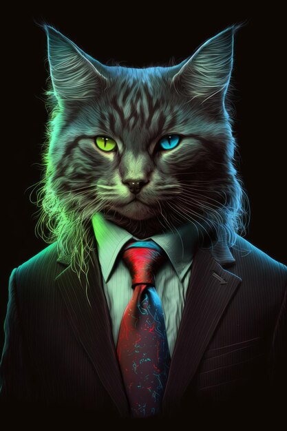 Foto un gato con un ojo rojo y azul está parado en un traje.