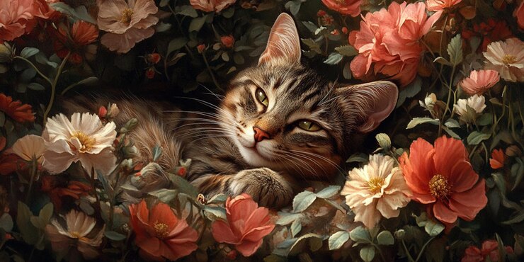 un gato con ojos amarillos acostado en un lecho floral con flores
