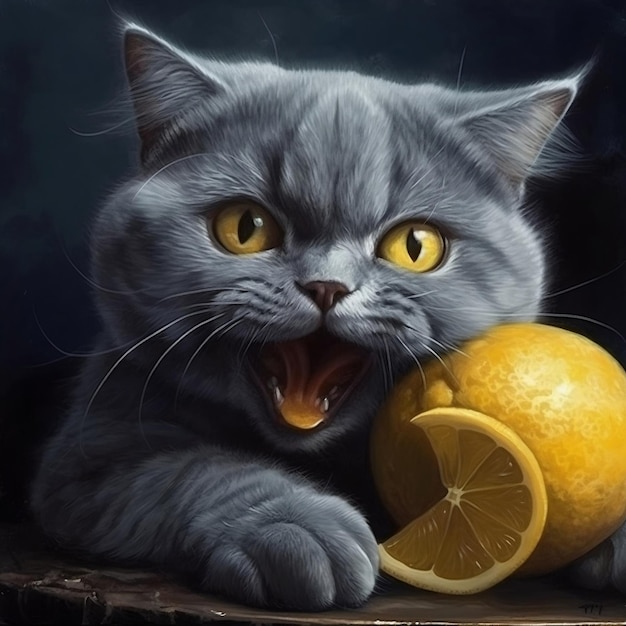 Foto un gato con ojos amarillos está comiendo un limón.