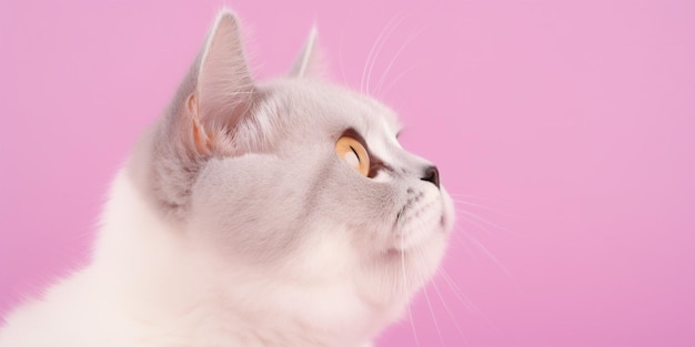 Un gato con ojos amarillos y fondo rosa.