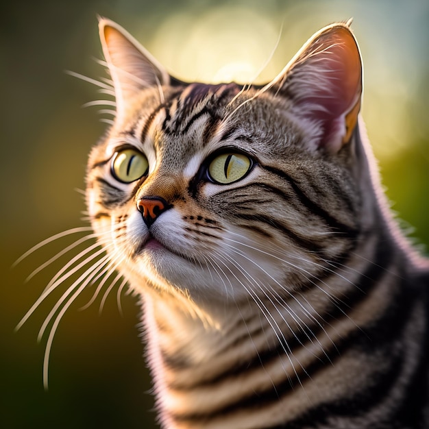 Un gato con ojos amarillos y rayas negras mira hacia arriba.