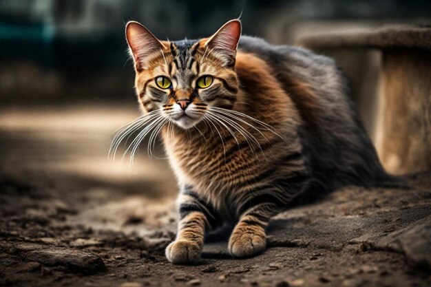 un gato con ojos amarillos sentado en un suelo de tierra