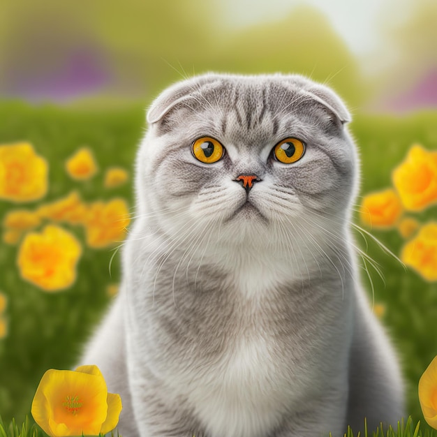 Un gato con ojos amarillos se sienta en un campo de flores amarillas.