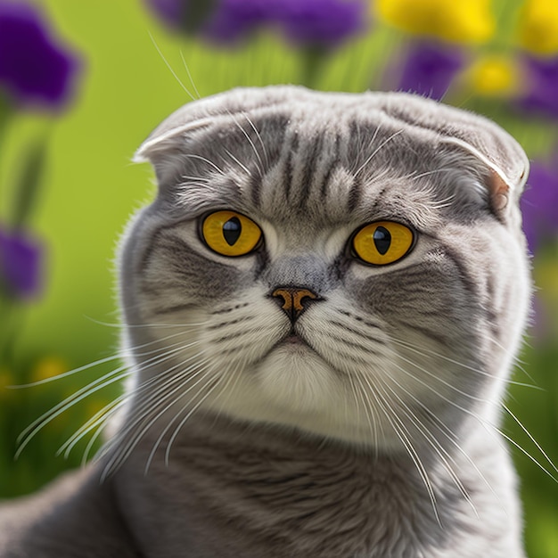 Un gato con ojos amarillos se sienta en un campo de flores violetas.