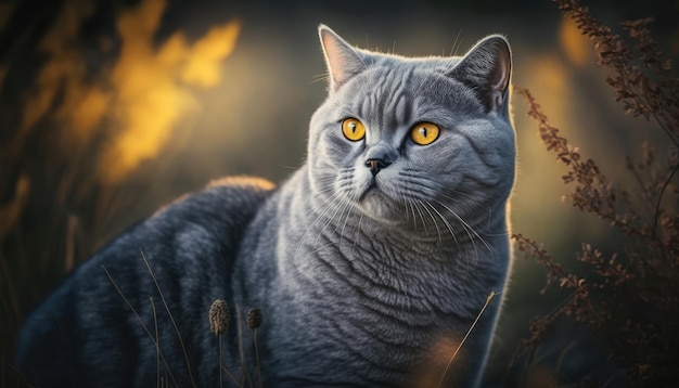 Un gato con ojos amarillos se sienta en un campo de hierba alta.