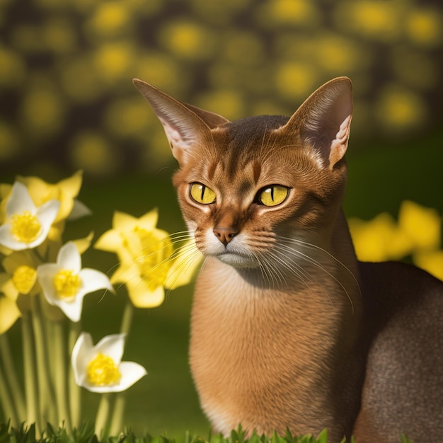 Un gato con ojos amarillos se sienta en un campo de narcisos.