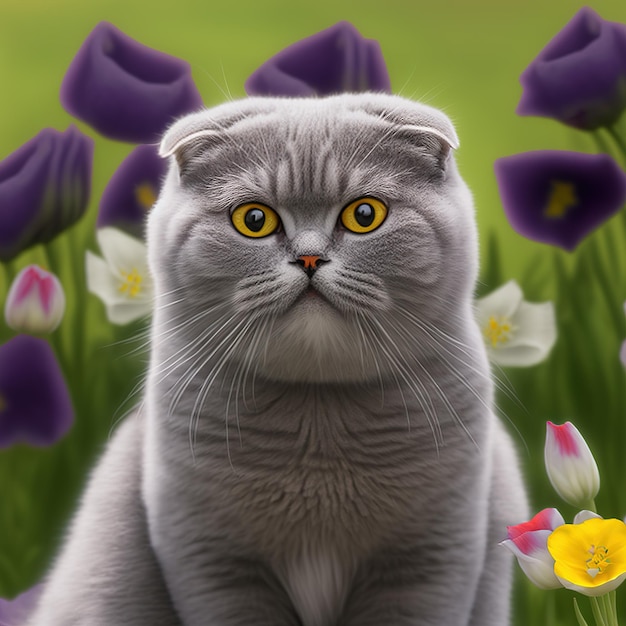 Un gato con ojos amarillos se sienta en un campo de tulipanes morados.