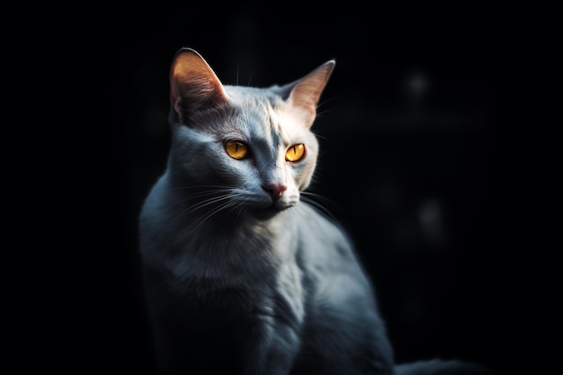 Un gato con ojos amarillos se sienta en la oscuridad.