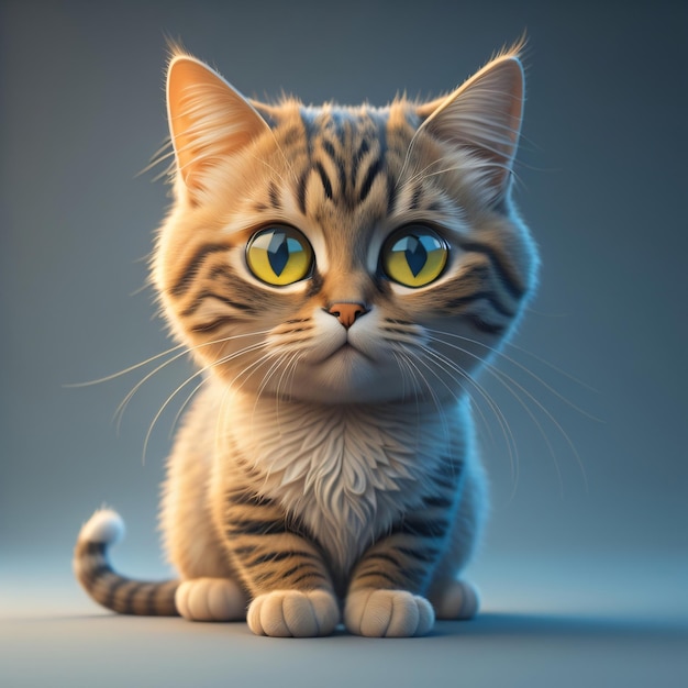 Un gato con ojos amarillos se sienta sobre un fondo azul.