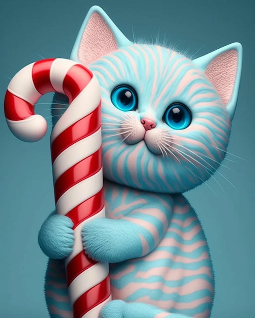Un gato de ojos azules con un bastón de caramelo en el brazo.