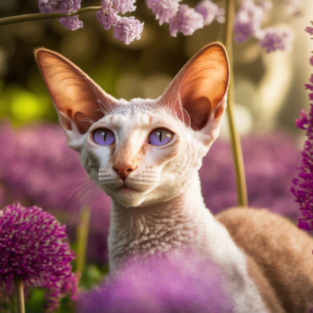 Un gato de ojos azules está en un jardín de flores violetas.