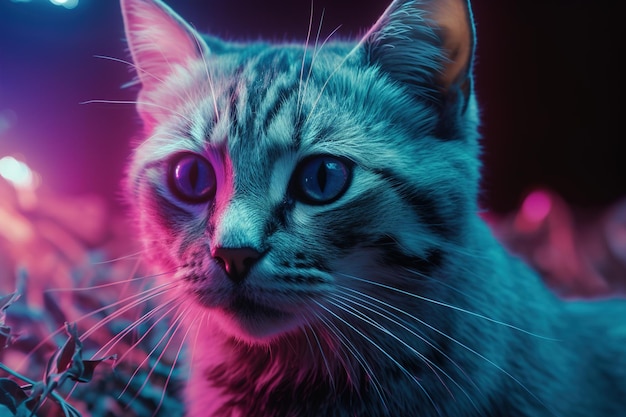 Un gato con ojos azules está en una luz rosa y violeta.