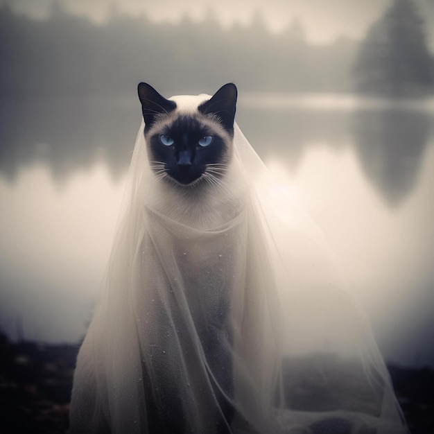 Un gato con ojos azules está parado en un lago.