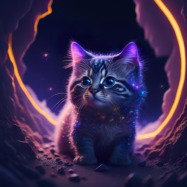 Un gato con ojos azules está parado en un túnel con un círculo de luces a su alrededor.