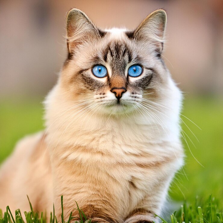 un gato con ojos azules está sentado en el césped