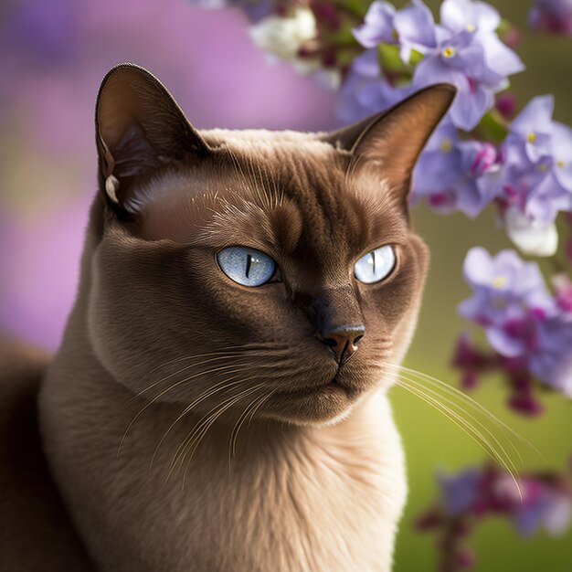 Un gato de ojos azules está sentado frente a una flor morada.