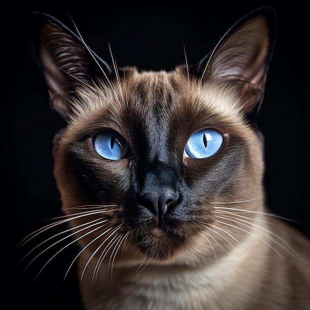 Un gato con ojos azules está sentado frente a un fondo negro.