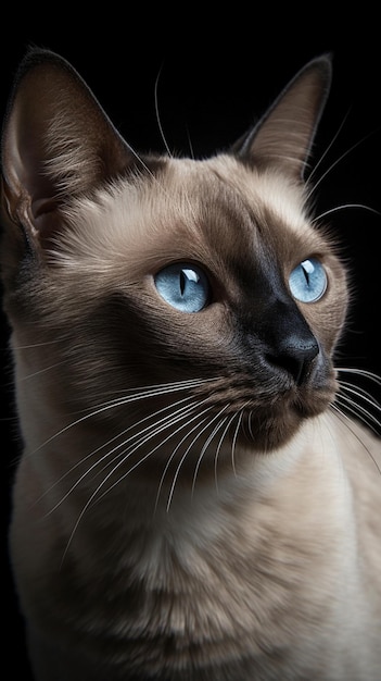 Un gato con ojos azules está sentado frente a un fondo negro.