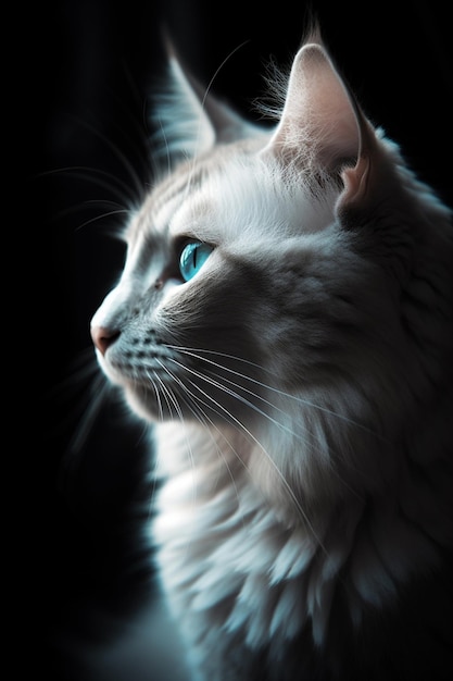 Un gato con ojos azules está sentado en la oscuridad.