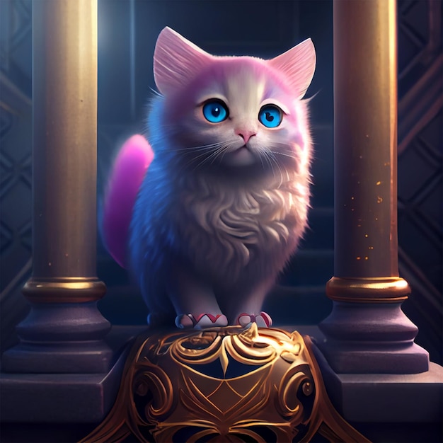 Un gato con ojos azules está sentado sobre un objeto dorado.