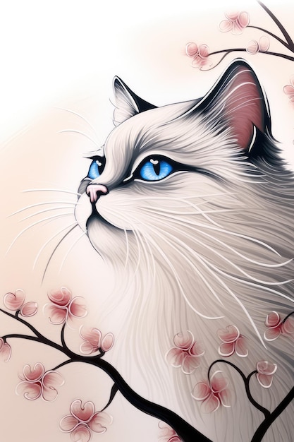 Un gato con ojos azules y una flor rosa en el fondo.