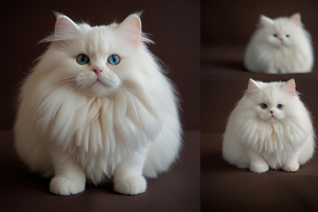 un gato con ojos azules y un gato peludo blanco a la izquierda