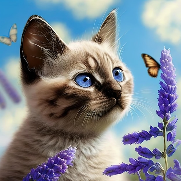 Un gato con ojos azules y una mariposa en la nariz.