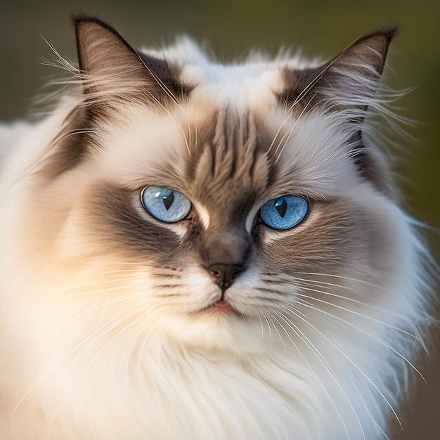 Un gato de ojos azules mira a la cámara.