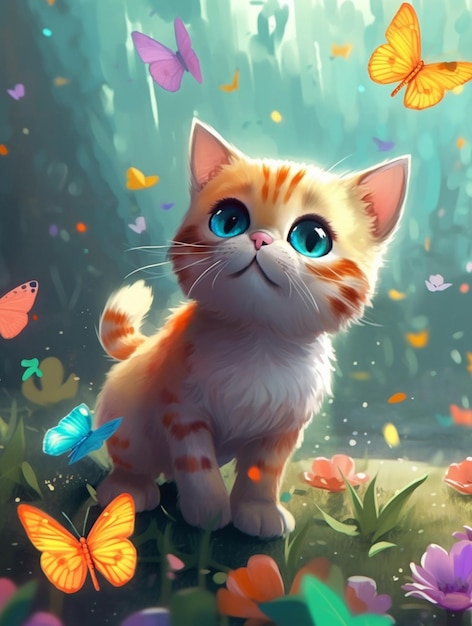 Un gato con ojos azules mira mariposas.