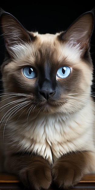 un gato con ojos azules y nariz negra