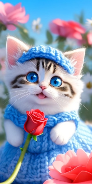 Un gato con ojos azules y una rosa roja en la nariz.