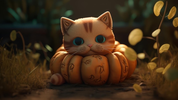 Un gato con ojos azules se sienta en una calabaza.