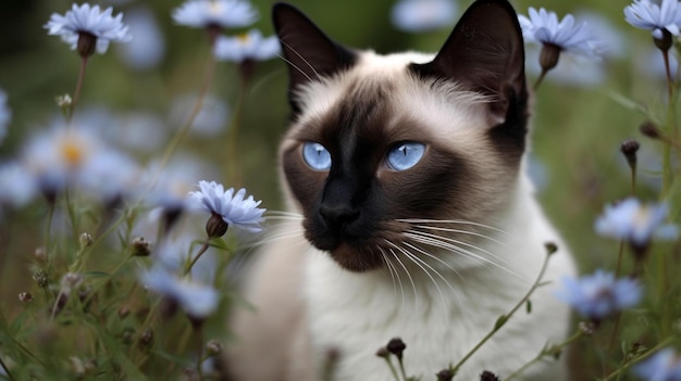 Un gato con ojos azules se sienta en un campo de flores.